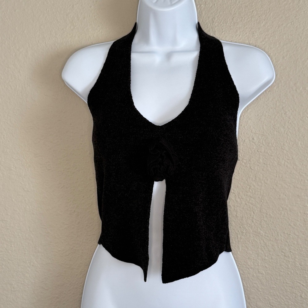 Whimsigoth Fairy Grunge Black Chenille Halter Crop Top Floral Knot Womens Small